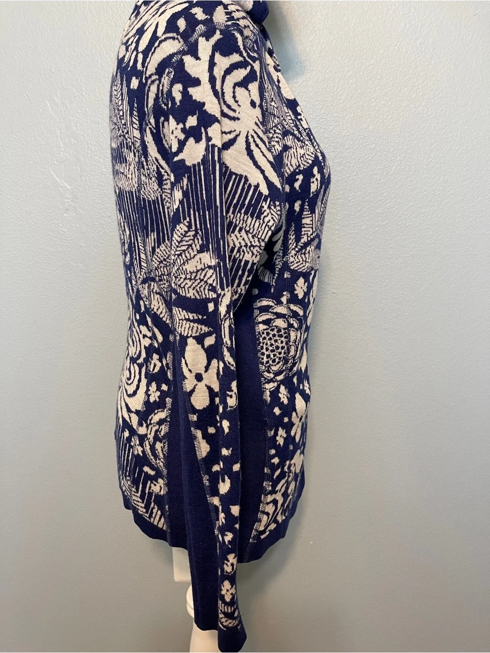 KÜHL Hooded Full Zip Merino Wool Sweater Jacket Blue Ivory Floral Women’s XL